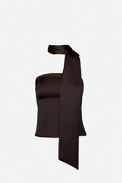 Chocolate Satin Sleeveless Top with Scarf Detail