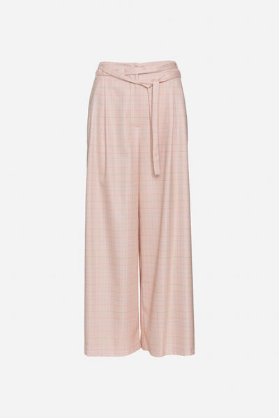 Blush Plaid Wide-Leg Trousers with Belt