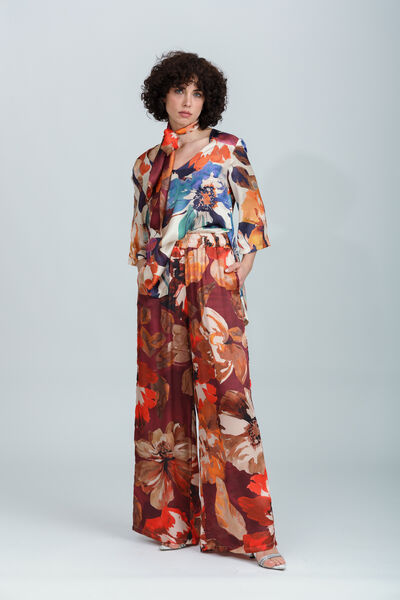 Red Floral Wide-Leg Trousers