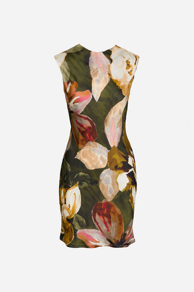Green Floral Sleeveless Dress with Bold Pattern