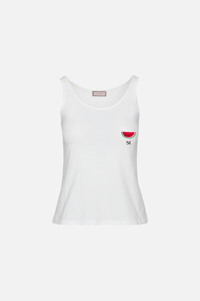 White Cotton Tank Top with Watermelon Embroidery