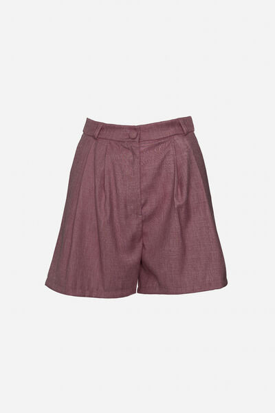 Plum Pleated High-Waist Shorts