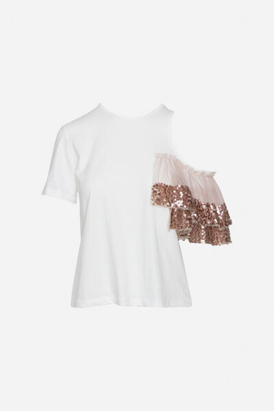 White Cotton T-Shirt with Sequin Ruffle Accent
