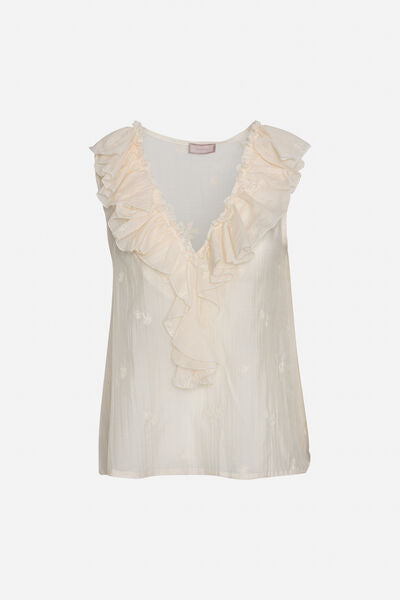 Cream Ruffled V-Neck Blouse