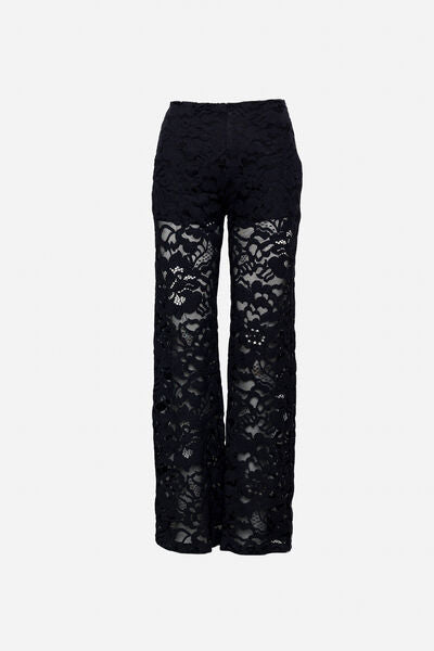 Black Lace Wide-Leg Pants with Sheer Detailing