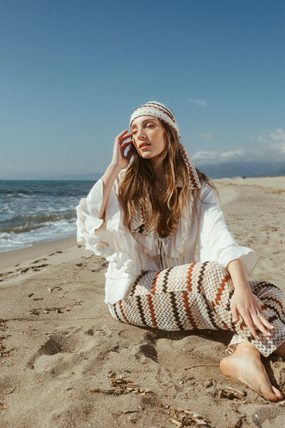 Ivory Zigzag Knit Jumpsuit with Halter Neckline
