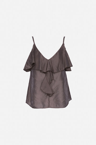 Charcoal Satin Ruffle Camisole Top
