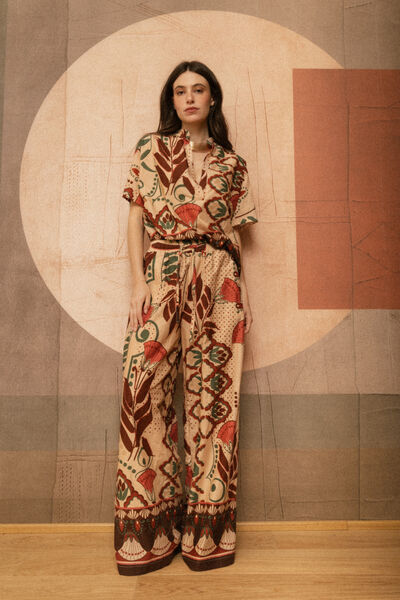 Beige Abstract Print Wide-Leg Trousers