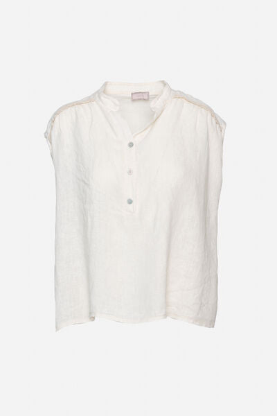 White Textured Sleeveless Top with Button Detail