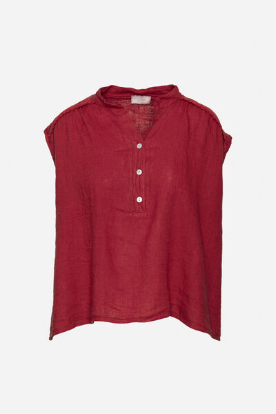 Red Linen Sleeveless Top with Buttoned V-Neck