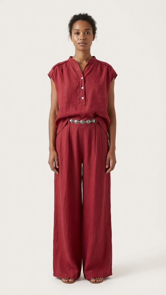 Red Linen Sleeveless Top with Buttoned V-Neck