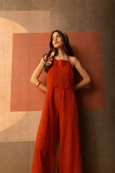Terracotta Halter Jumpsuit with Wide-Leg Design