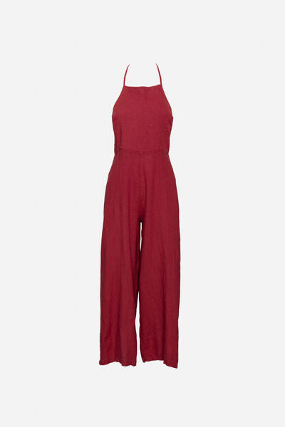 Burgundy Linen Wide-Leg Jumpsuit with Halter Neck