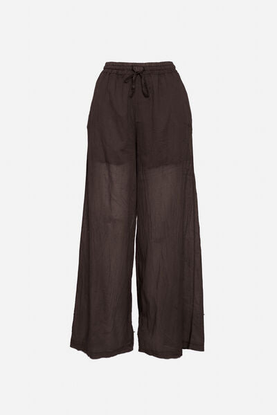 Black Gauzy Wide-Leg Pants with Elastic Waist