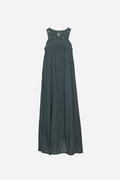 Dark Sleeveless Maxi Dress with Embroidered Detail