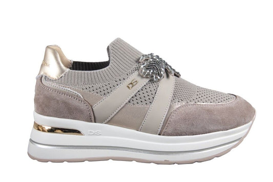 Taupe Knit Slip-On Sneakers with Embellished Strap