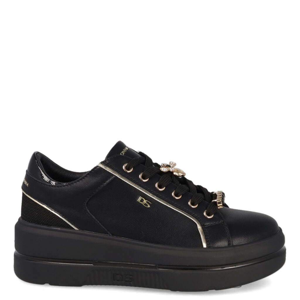 Black Embossed Platform Sneakers with Gold Accents