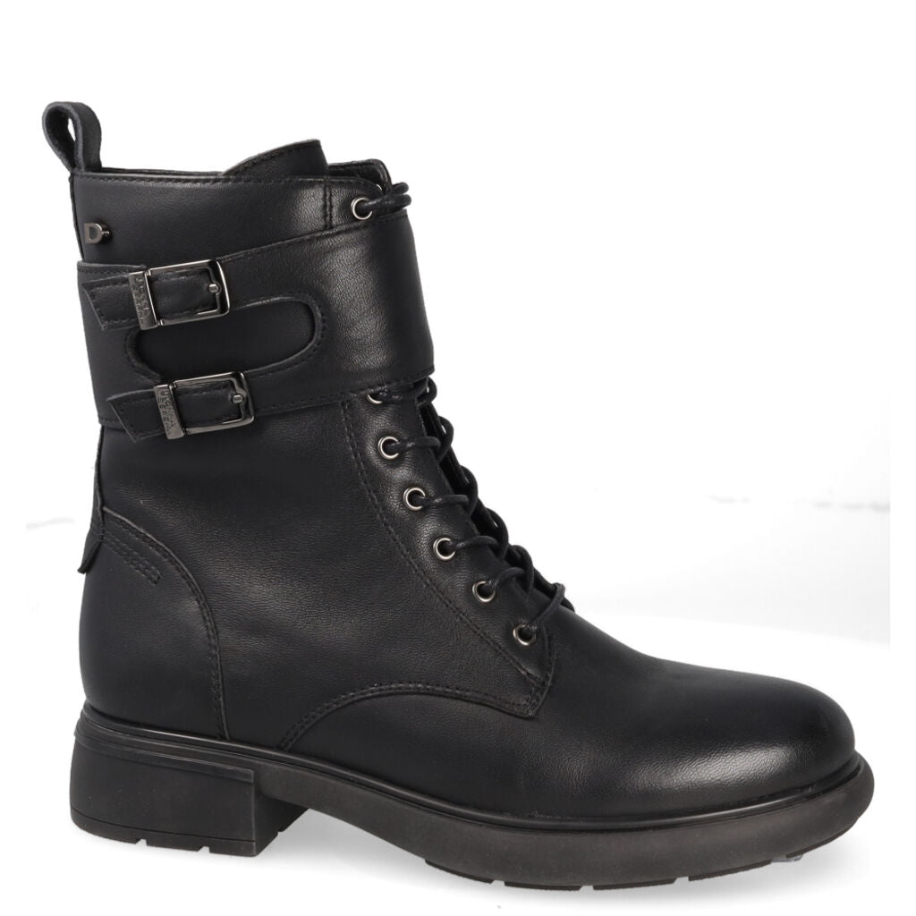 Black Buckled Combat Boots with Lace-Up Detail