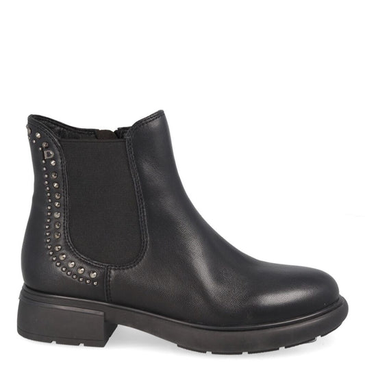 Black Leather Ankle Boot with Studded Accent