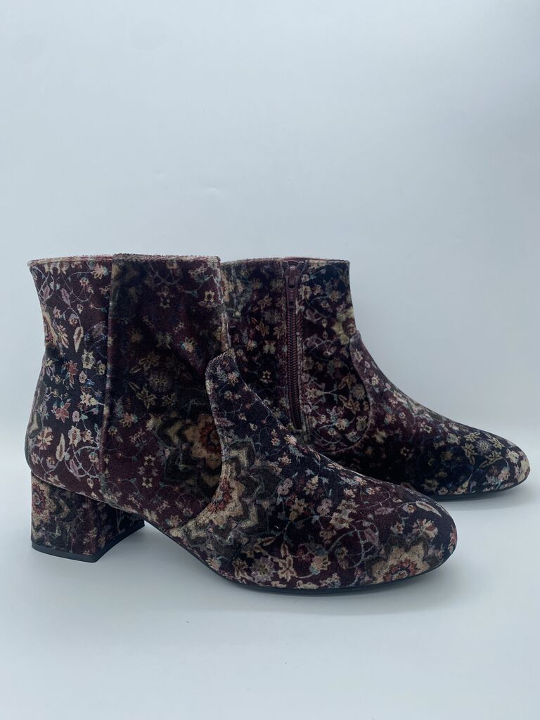 Floral Velvet Ankle Boots with Block Heel