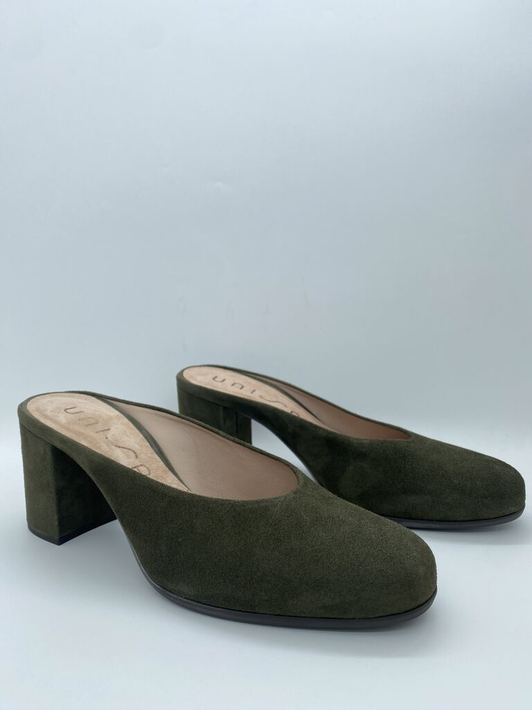 Olive Suede Block Heel Mules