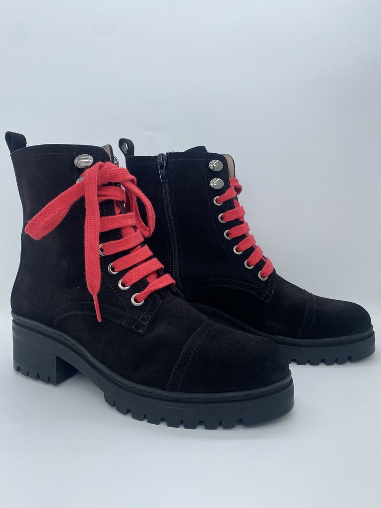 Black Suede Lace-Up Boots with Red Laces