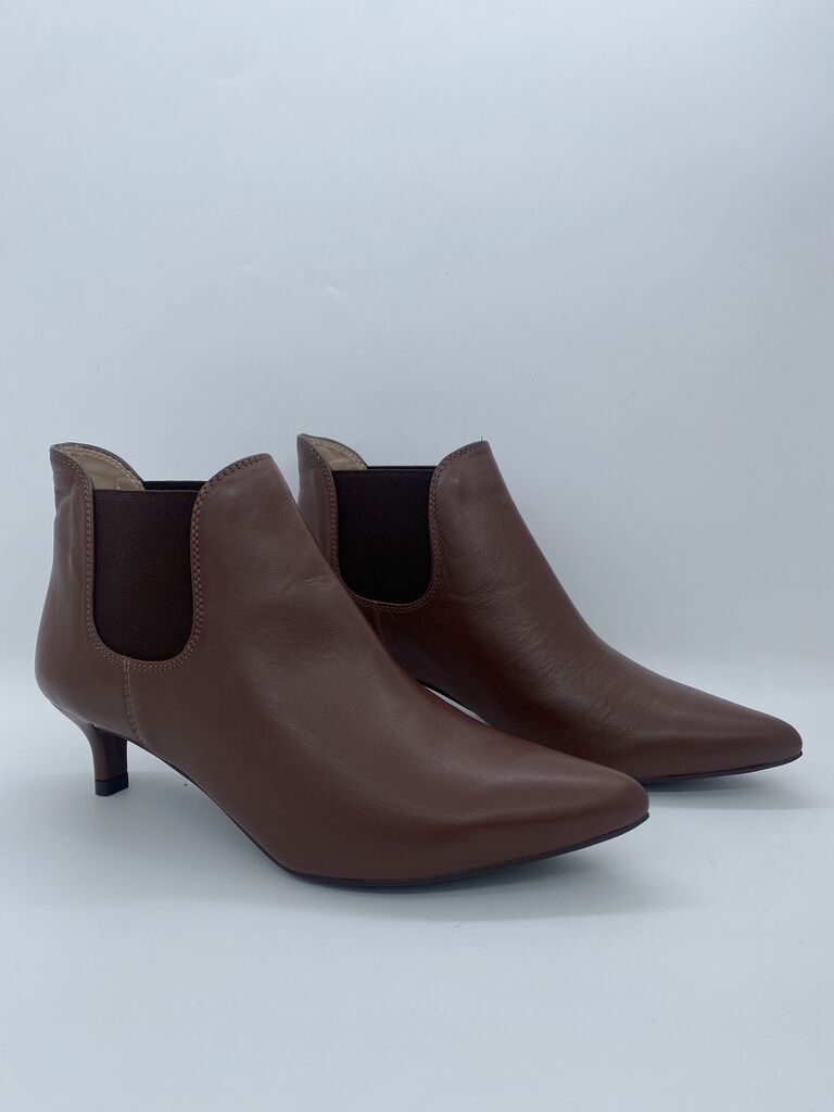 Brown Leather Ankle Booties with Kitten Heel
