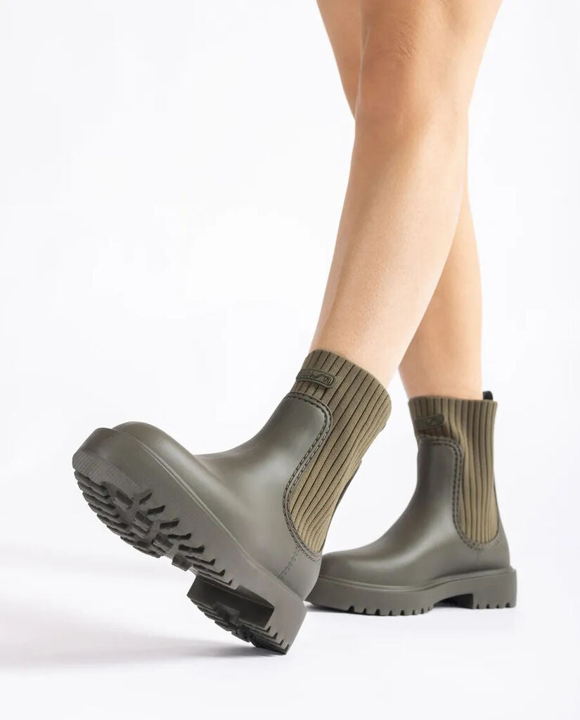 Olive Knit Trim Ankle Boots with Ridged Sole