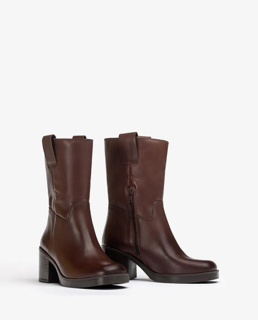 Brown Leather Mid-Calf Boots with Block Heel