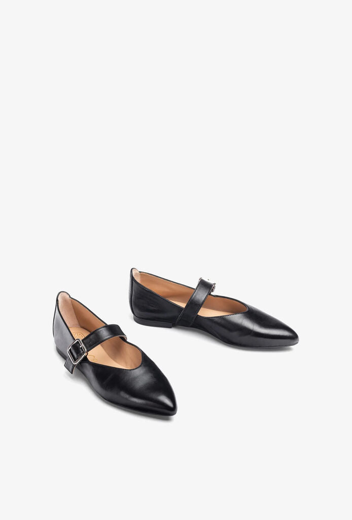 Black Leather Flats with Buckle Strap
