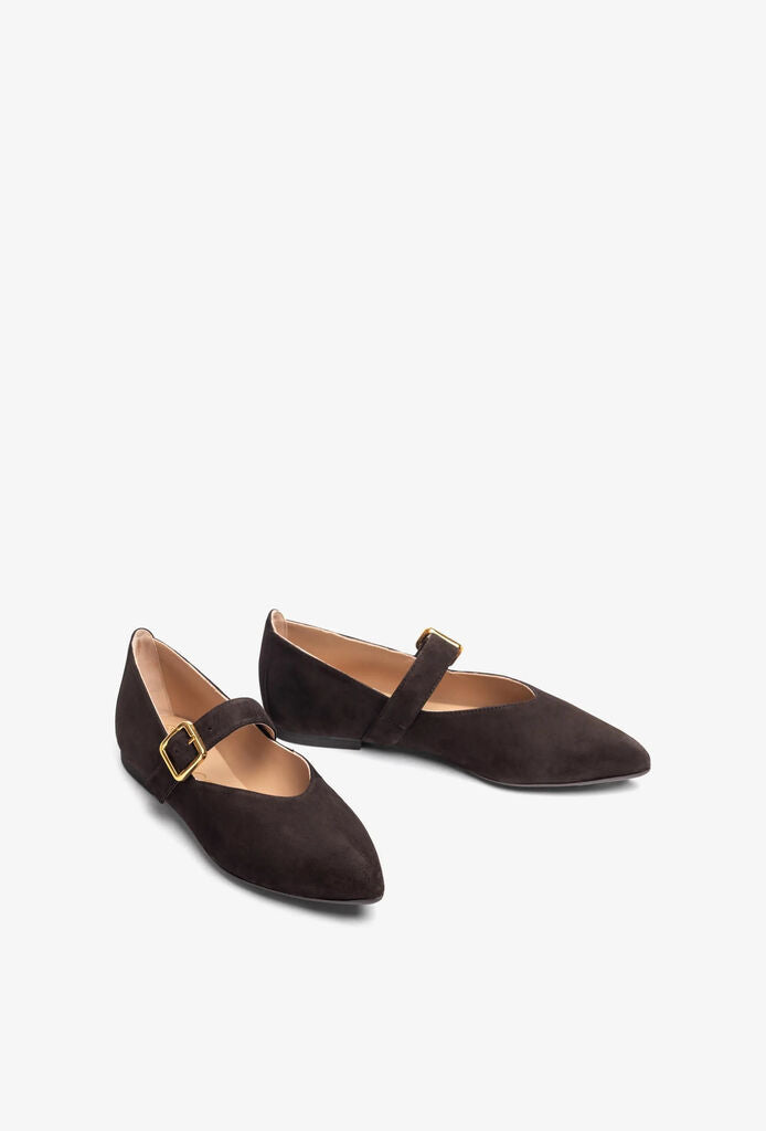 Dark Suede Mary Jane Flats with Gold Buckle
