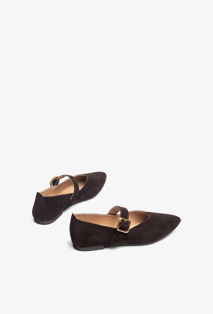 Dark Suede Mary Jane Flats with Gold Buckle