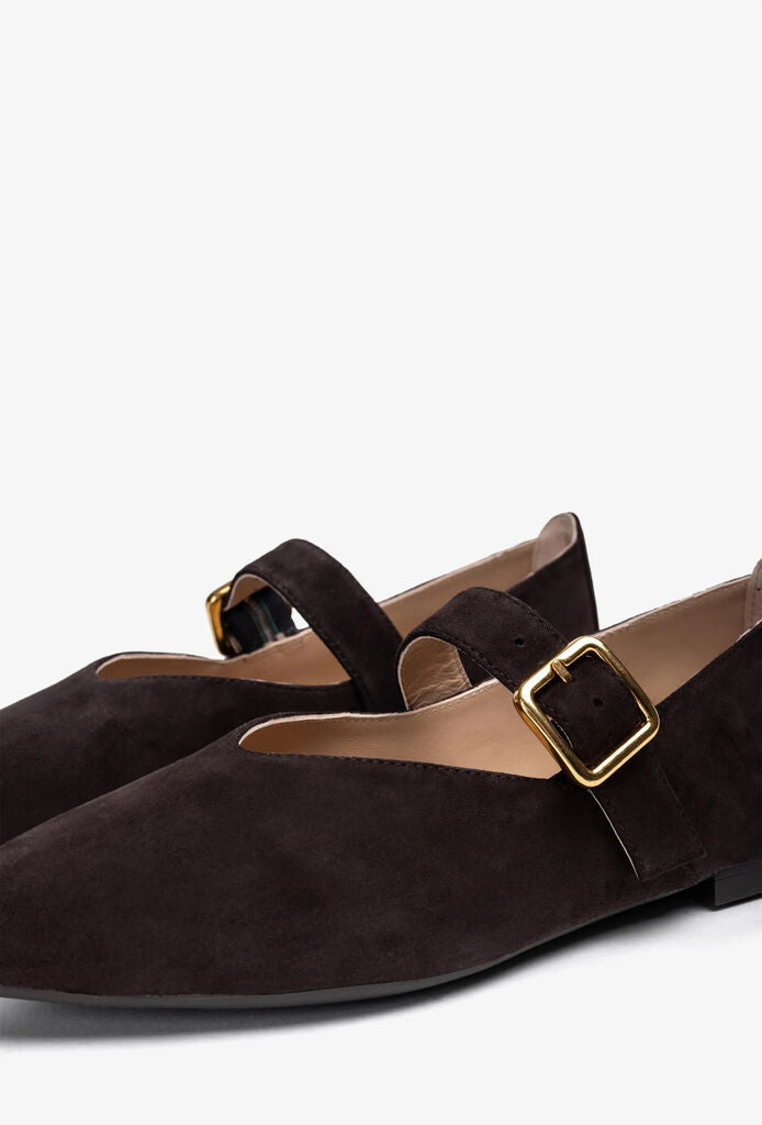 Dark Suede Mary Jane Flats with Gold Buckle