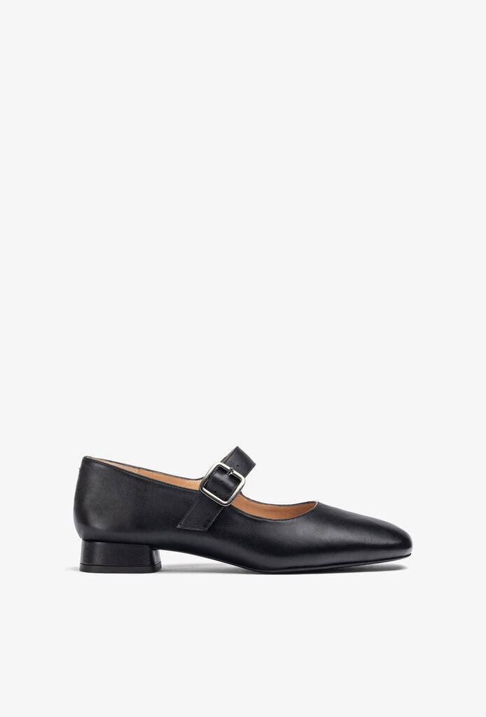 Black Leather Mary Jane Flats with Buckle Detail