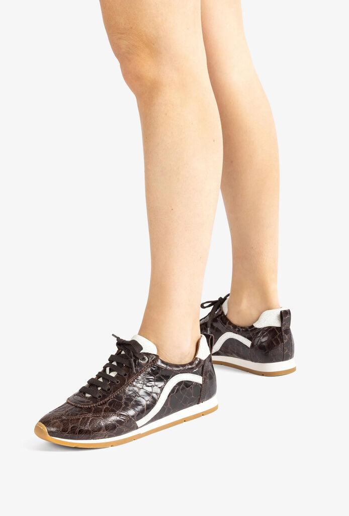 Dark Brown Crocodile Texture Sneakers with Contrast Stripe