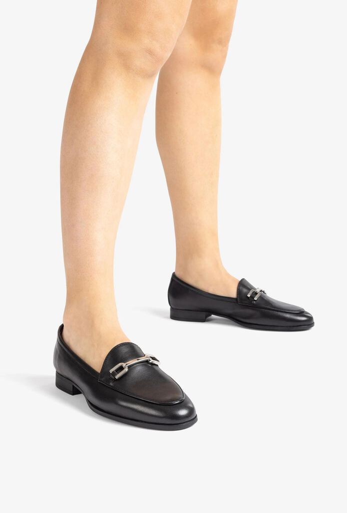 Black Leather Loafers with Metal Accent