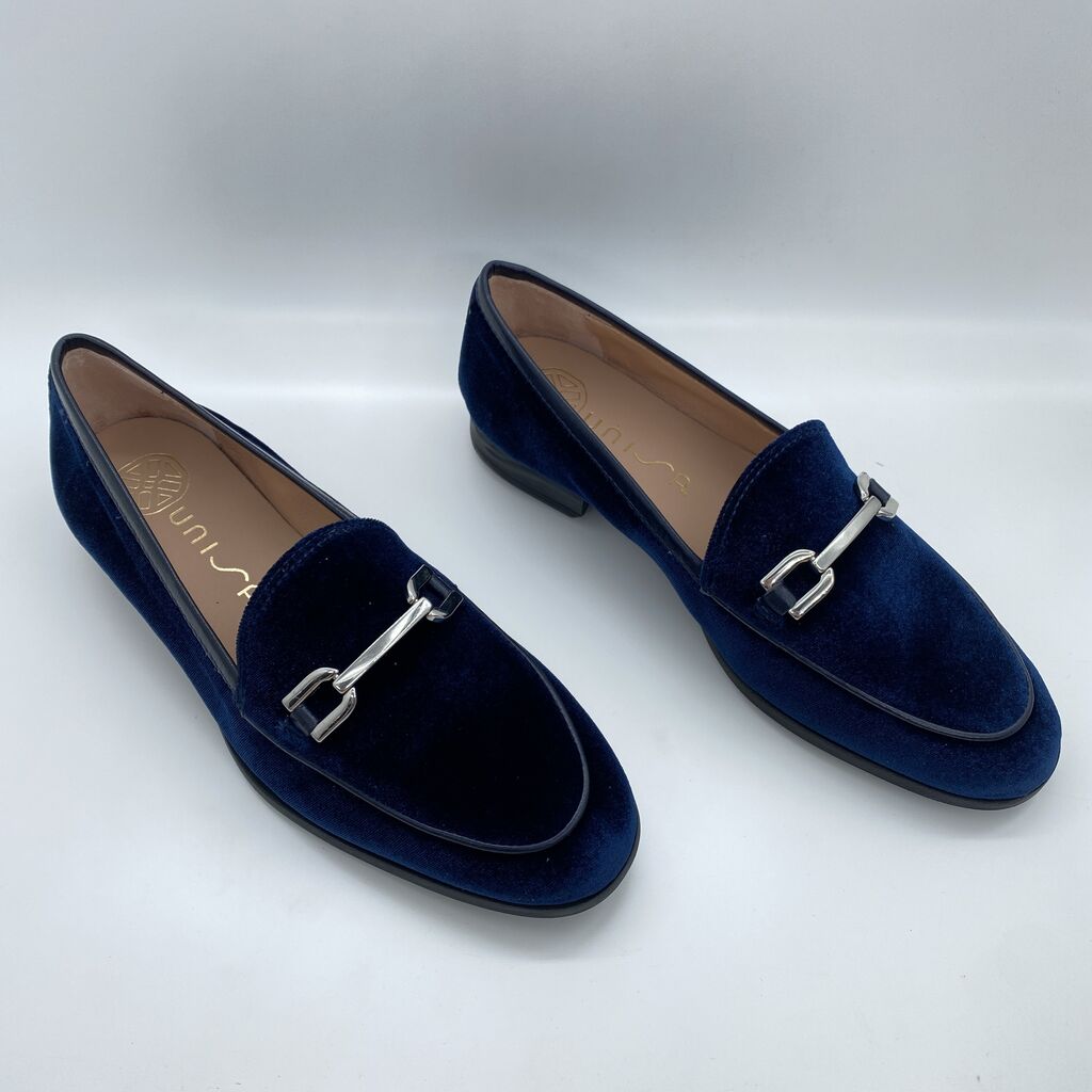 Navy Velvet Loafers with Silver Accent