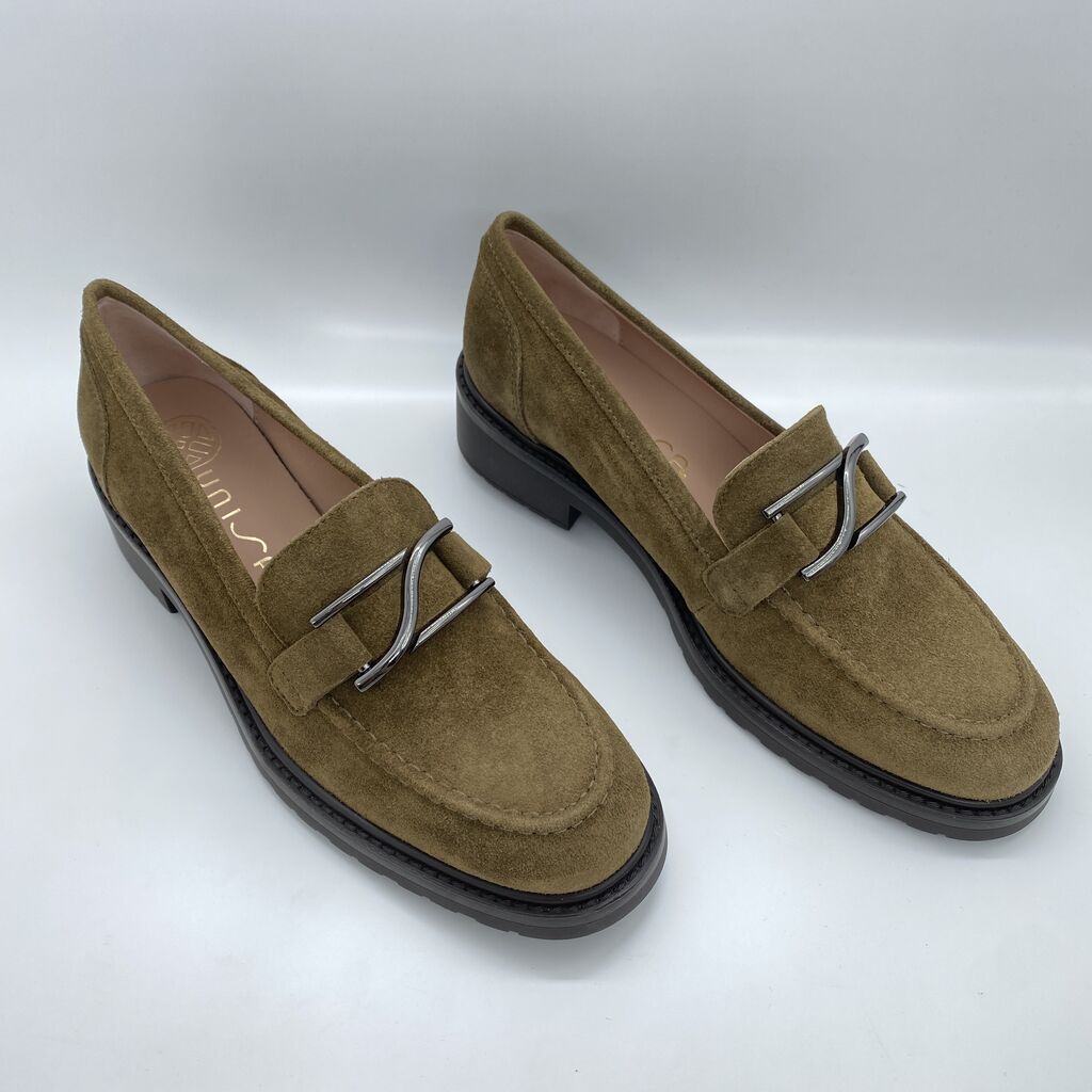 Olive Suede Loafers with Buckle Detail
