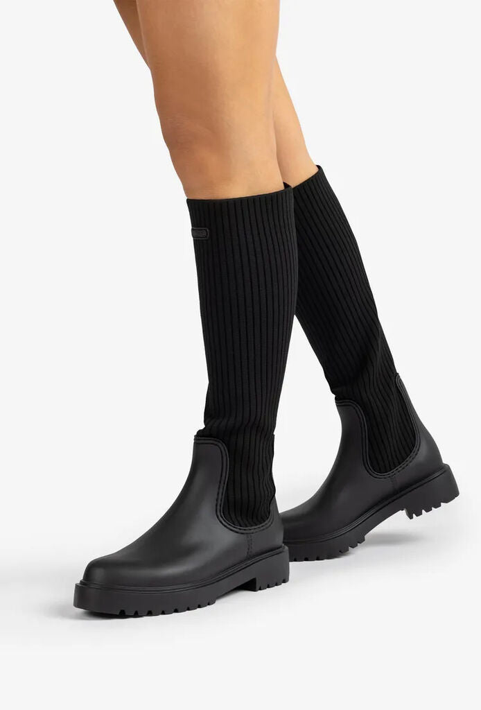Black Ribbed Knit Knee-High Boots