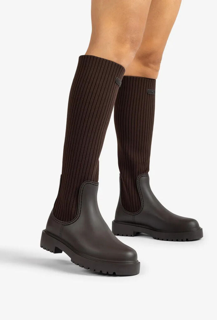 Dark Knit Panel Knee-High Boots