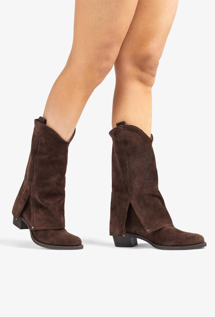 Brown Suede Mid-Calf Boot with Low Heel