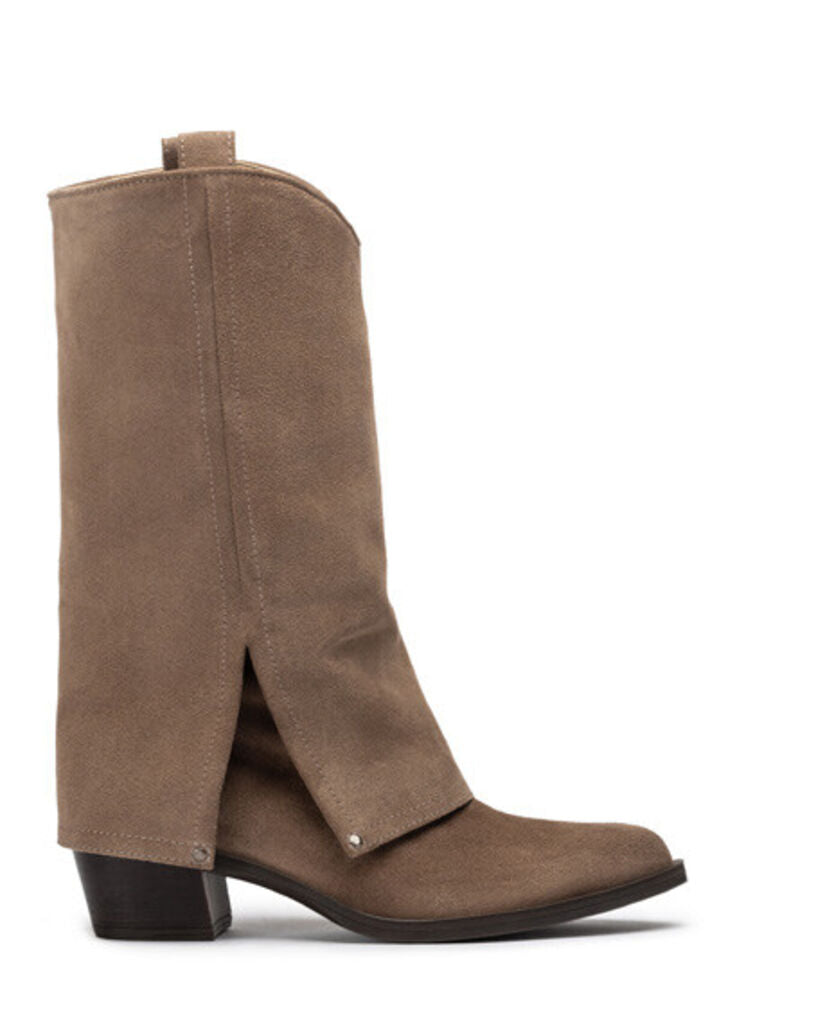 Taupe Suede Mid-Calf Boots with Slit Detail