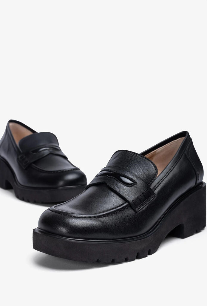 Black Leather Platform Loafers with Chunky Heel