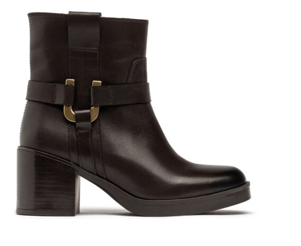 Dark Brown Leather Ankle Boots with Buckle Accent