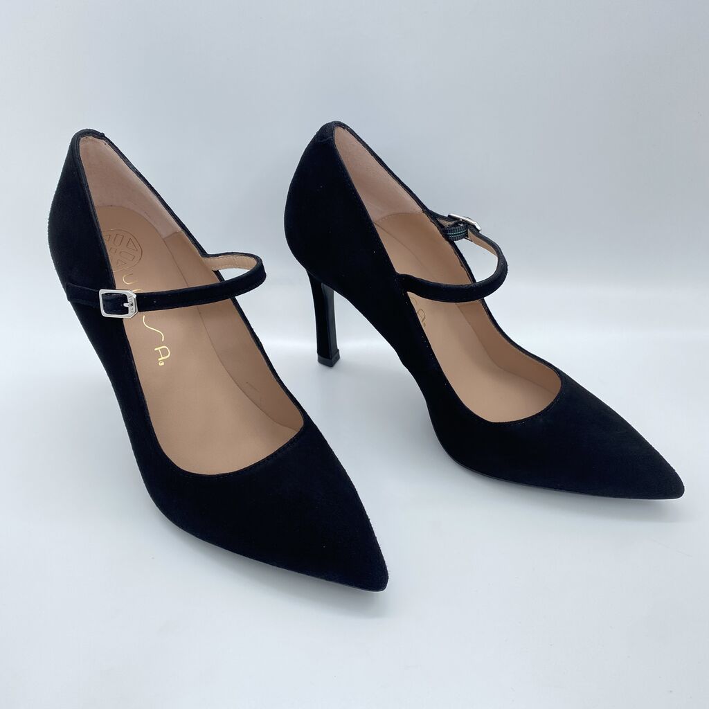 Black Suede Mary Jane Heels with Strap Detail