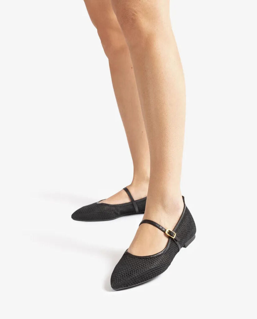 Black Textured Ballet Flats with Buckle Strap