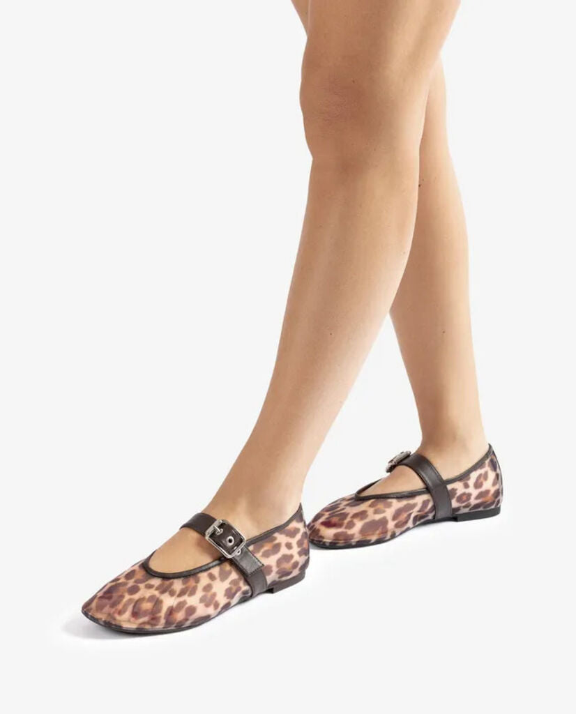 Leopard Print Mesh Ballet Flats with Buckle Strap