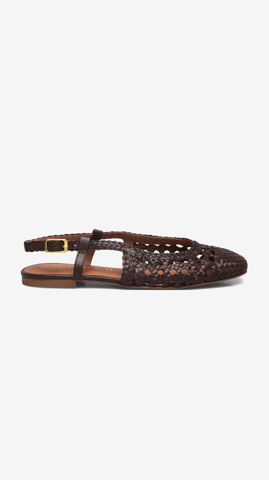 Dark Brown Woven Flat Sandal with Slingback Strap
