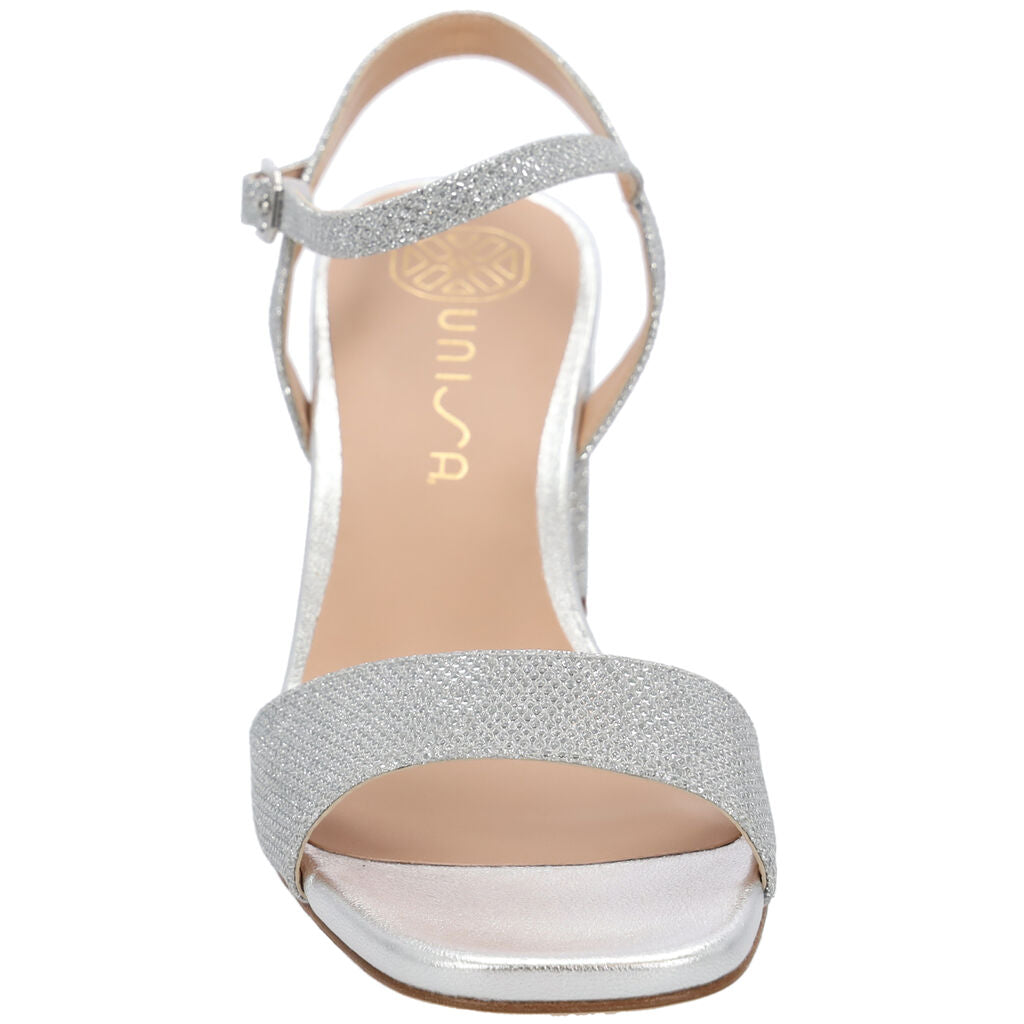 Silver Glitter Block Heel Sandals with Ankle Strap