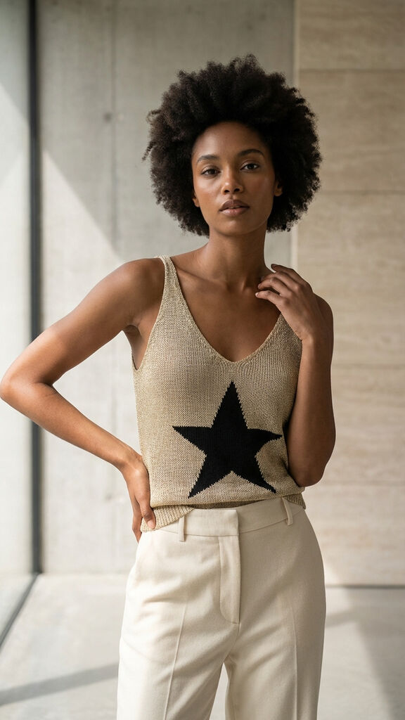 Beige Knit Tank Top with Black Star